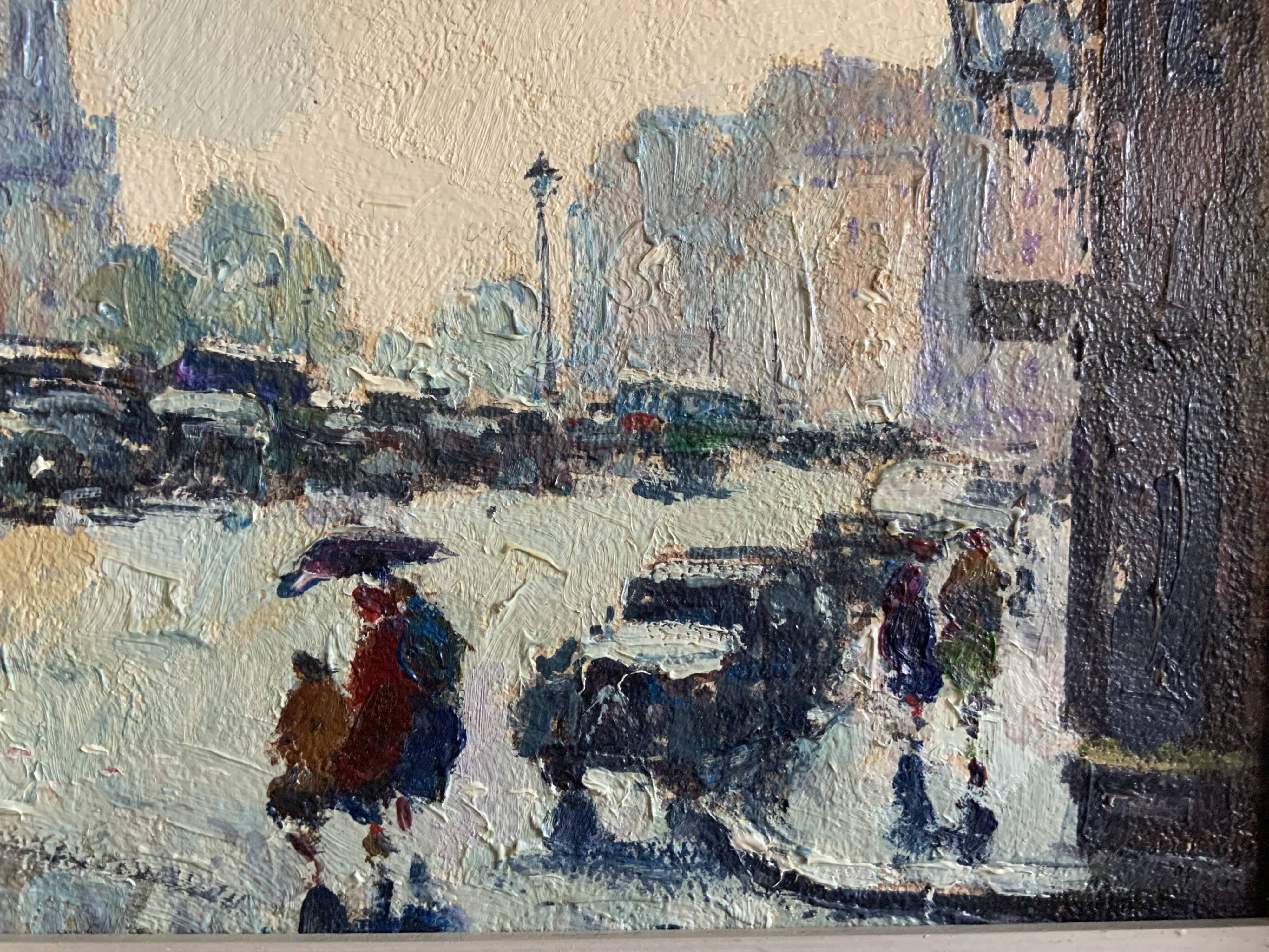 Huile sur toile vintage Notre Dame de Paris, scène de rue sous la pluie, signée 1950