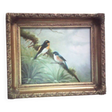 birds, painting on wood, patinated gilded frame