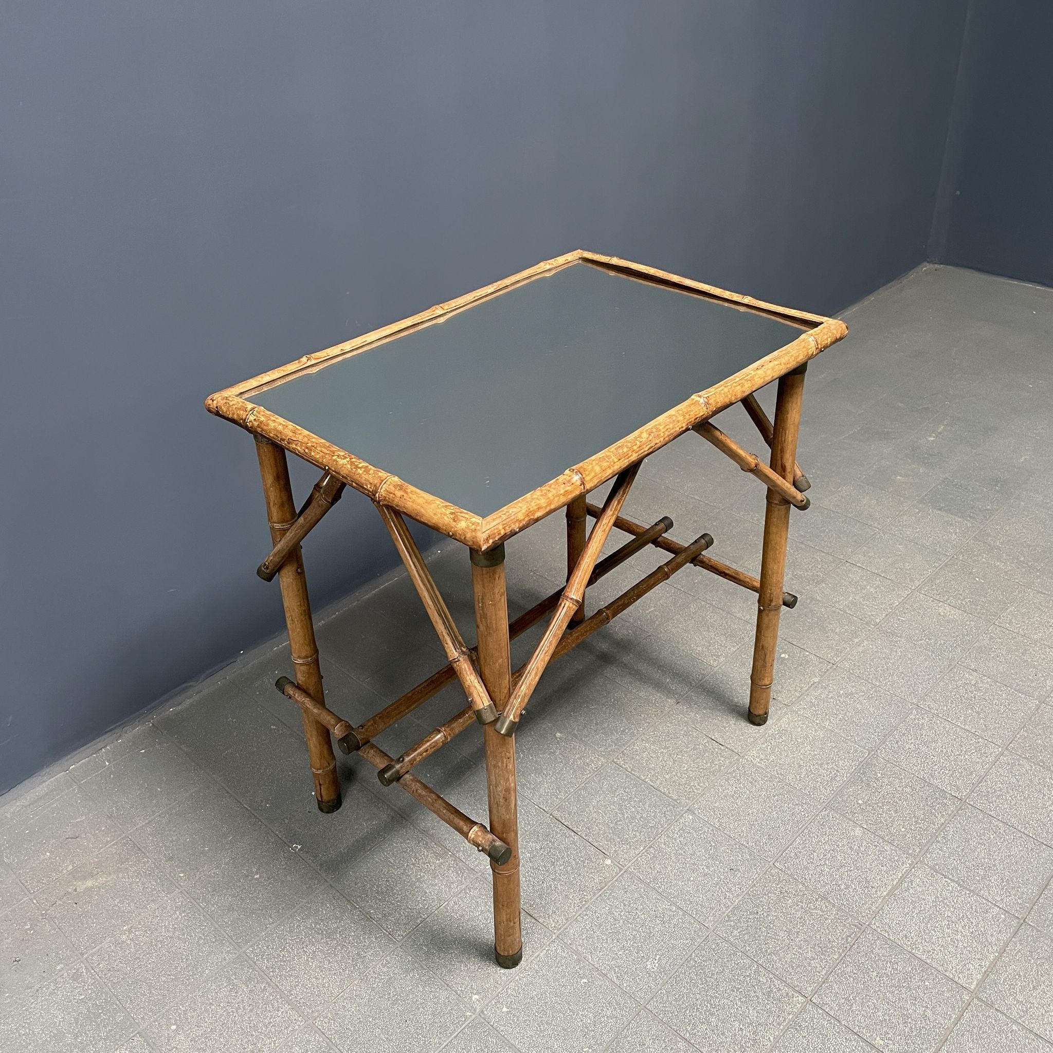 Bamboo side table with mirror top from France, 1940s