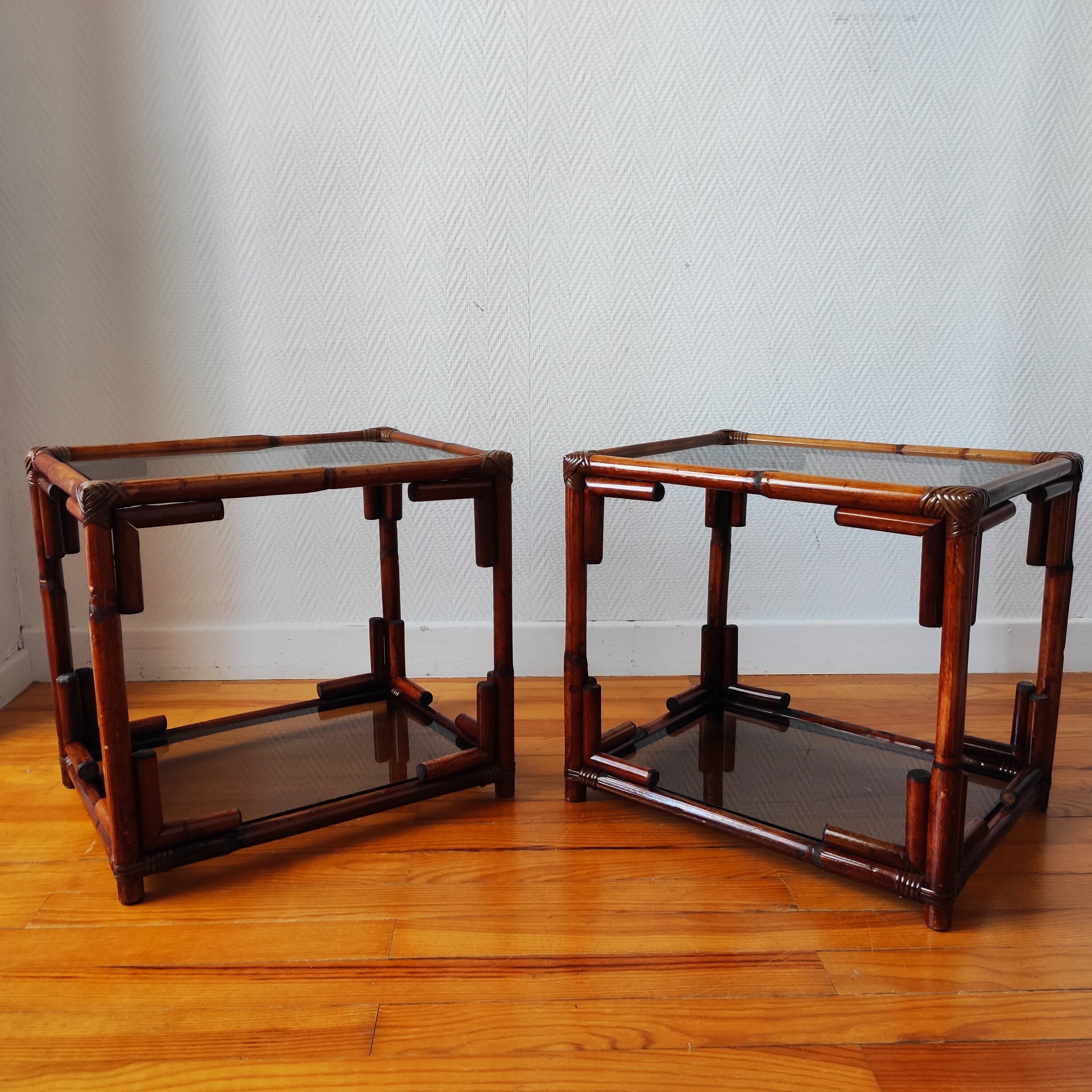 Pair of bedside tables - rattan smoked glass side tables vintage 70s-80s
