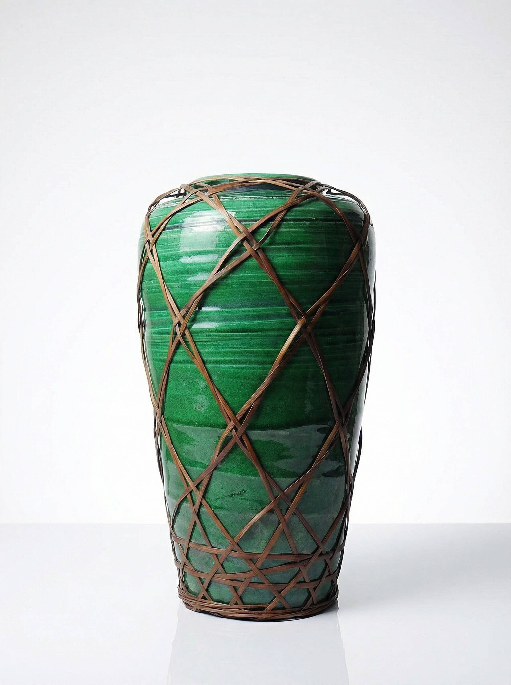 Japanese vase, green ceramic with bamboo lacing, Awaji Yaki, antique 1900-1930.