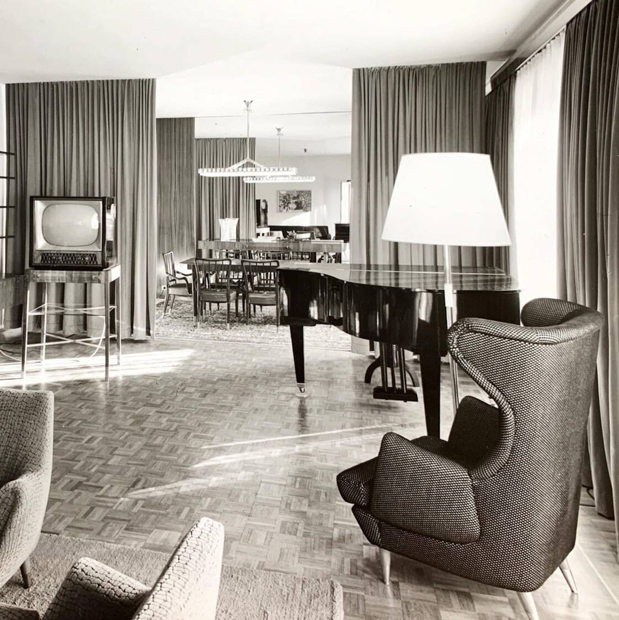 Austrian Dining Chairs in Walnut and Red Leather by Oswald Haerdtl from the Mid-Century