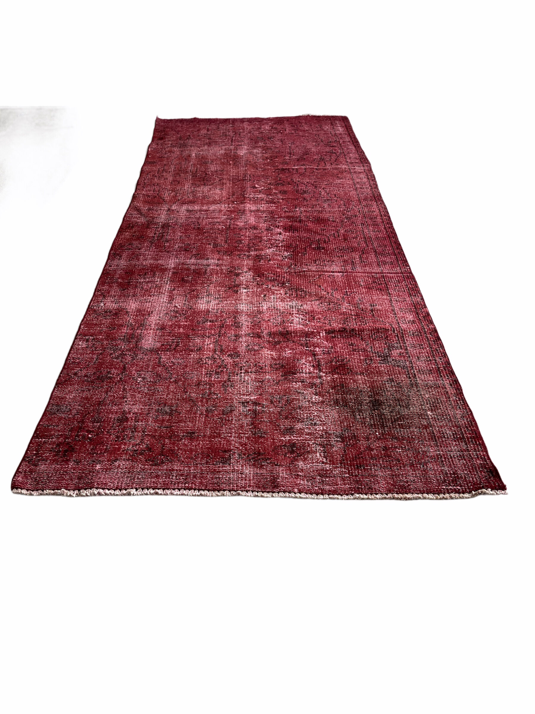 Distressed Turkish Narrow Runner 270 x 100 cm Wool Vintage rug, Over-dyed Red