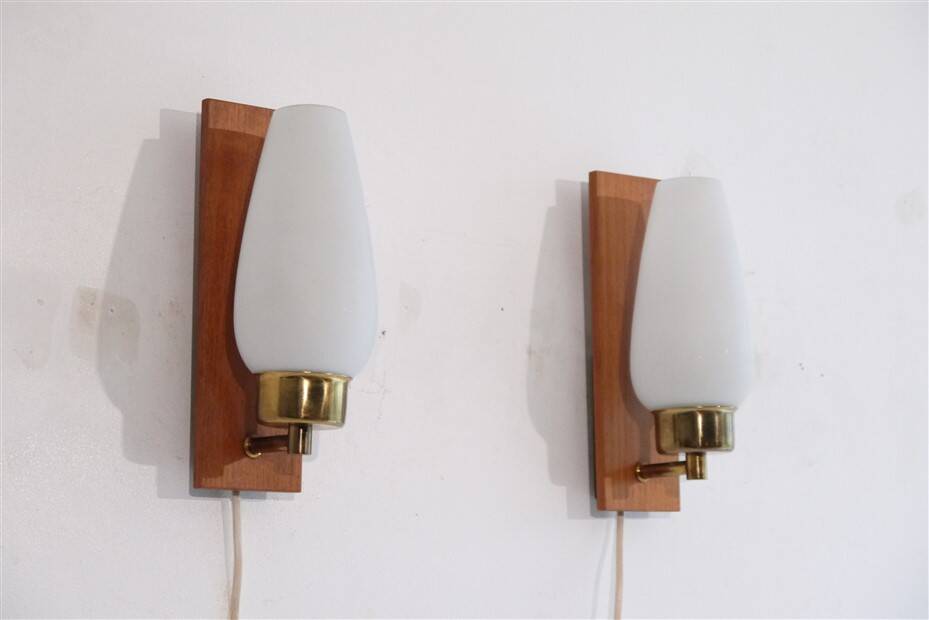 Pair of Danish teak and opaline glass wall lights