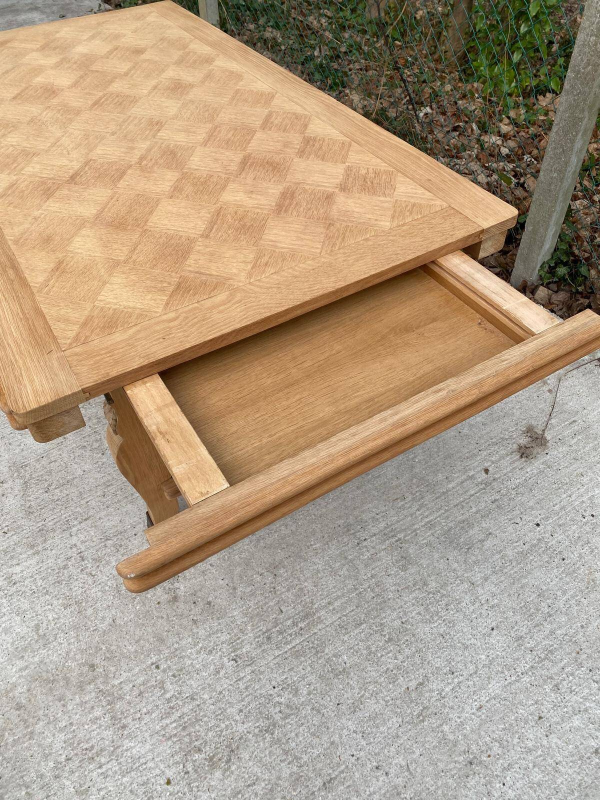 Art Deco extendable dining table renovated in raw oak and marquetry 220