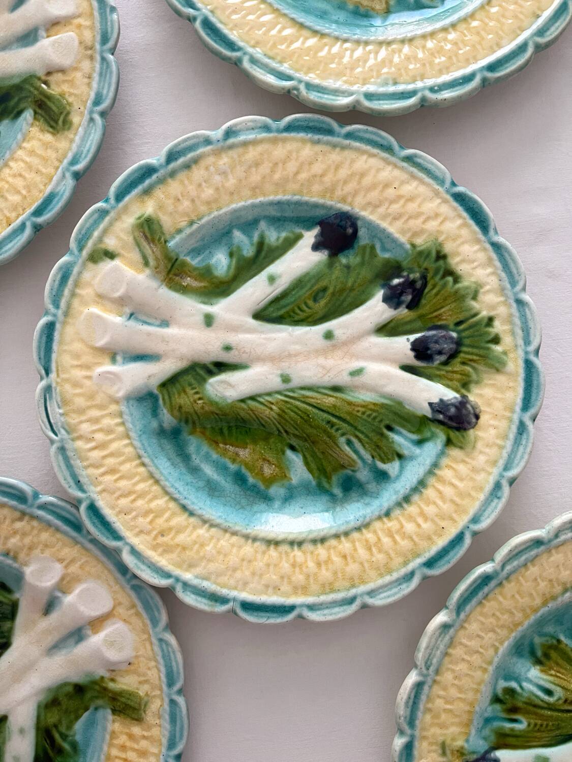 6 antique asparagus plates in Salins faience barbotine