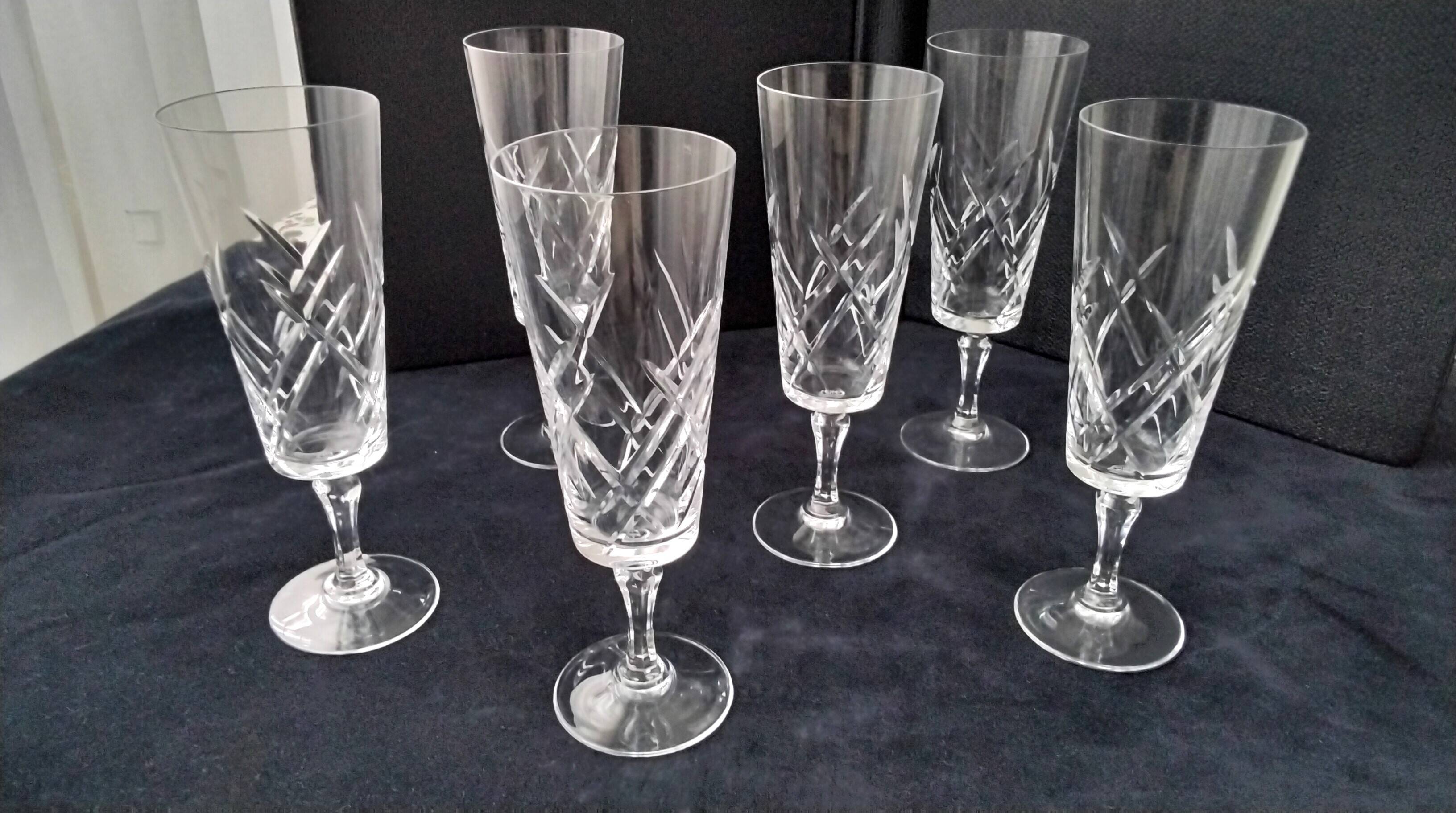 6 Antique Champagne Flutes in Arques Crystal, Saumur Model