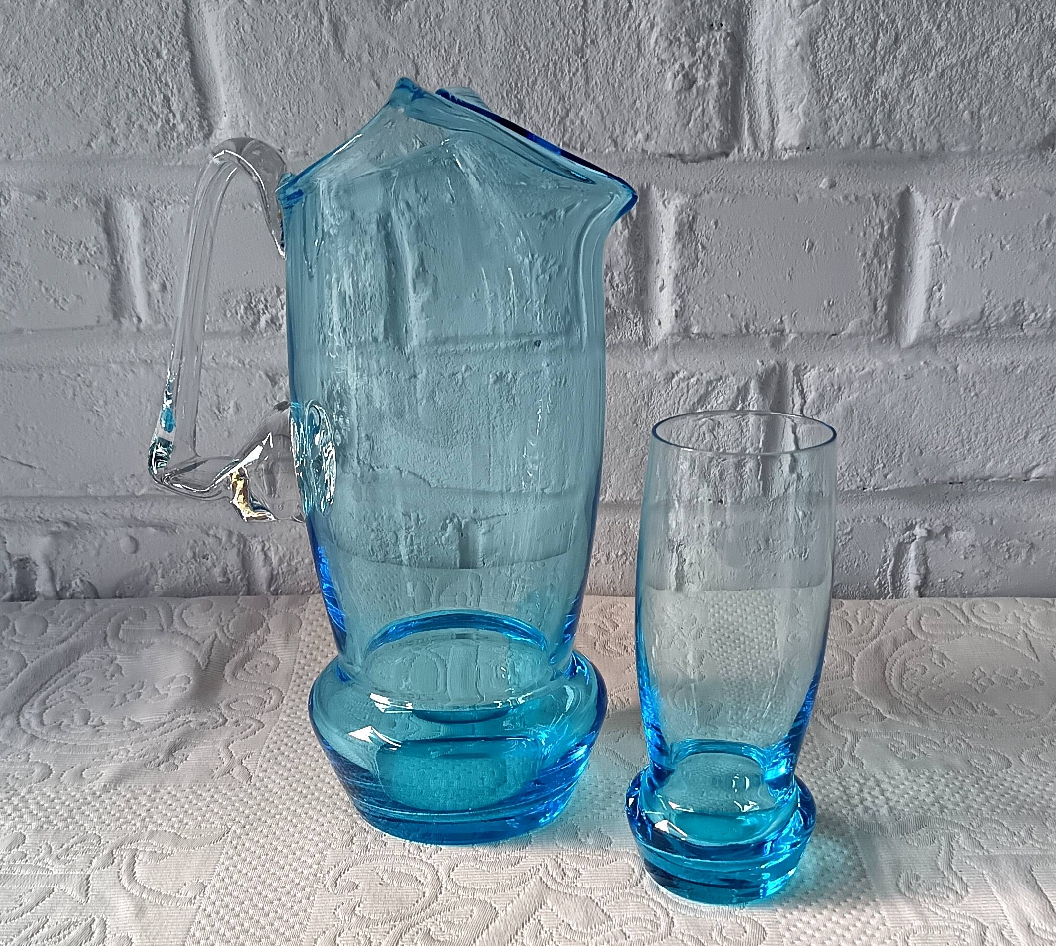 Orangeade set, pitcher and 7 vintage turquoise glasses