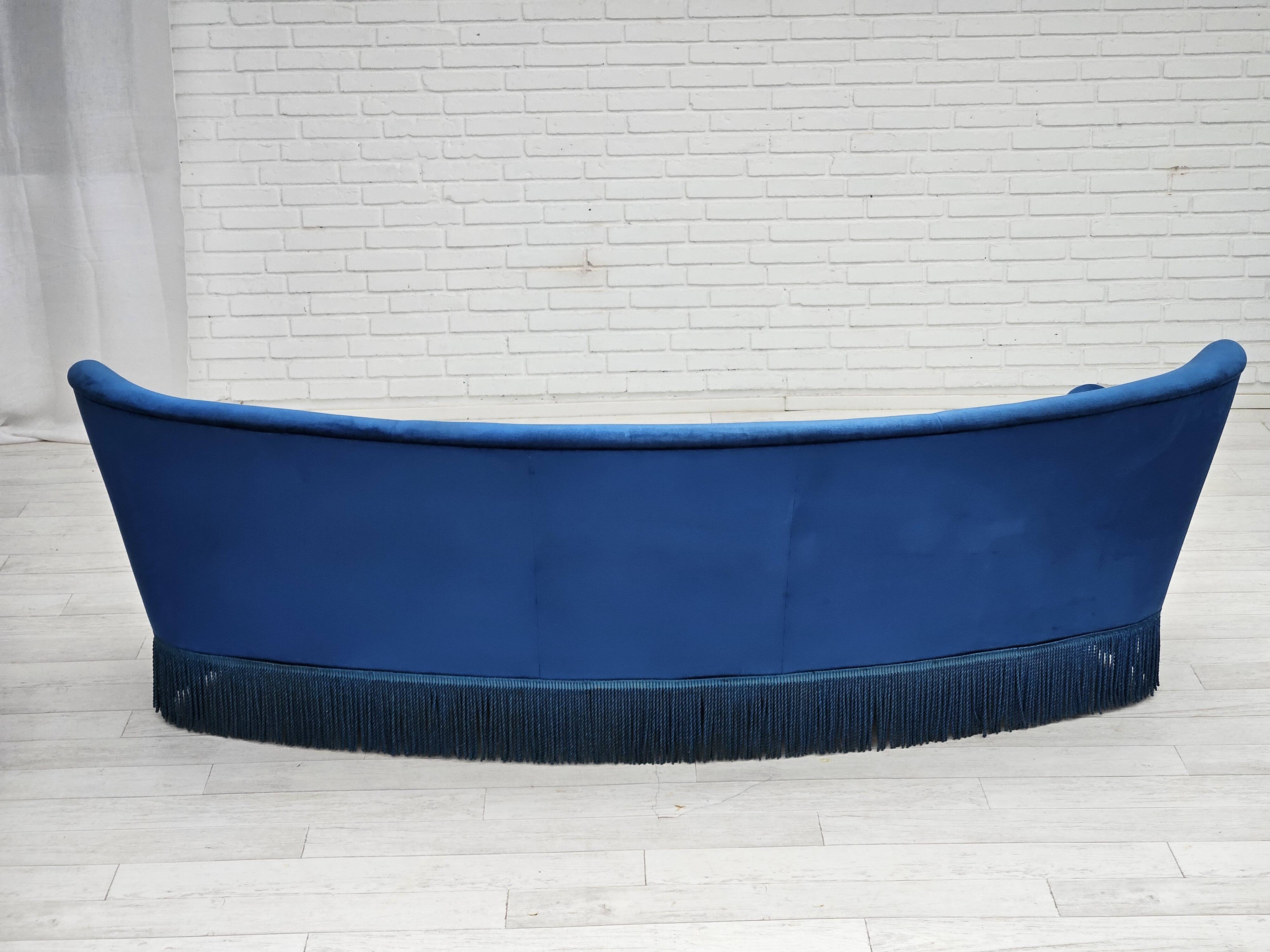 1960s, Danish 3-seater curved sofa, blue furniture velour, beech wood legs.
