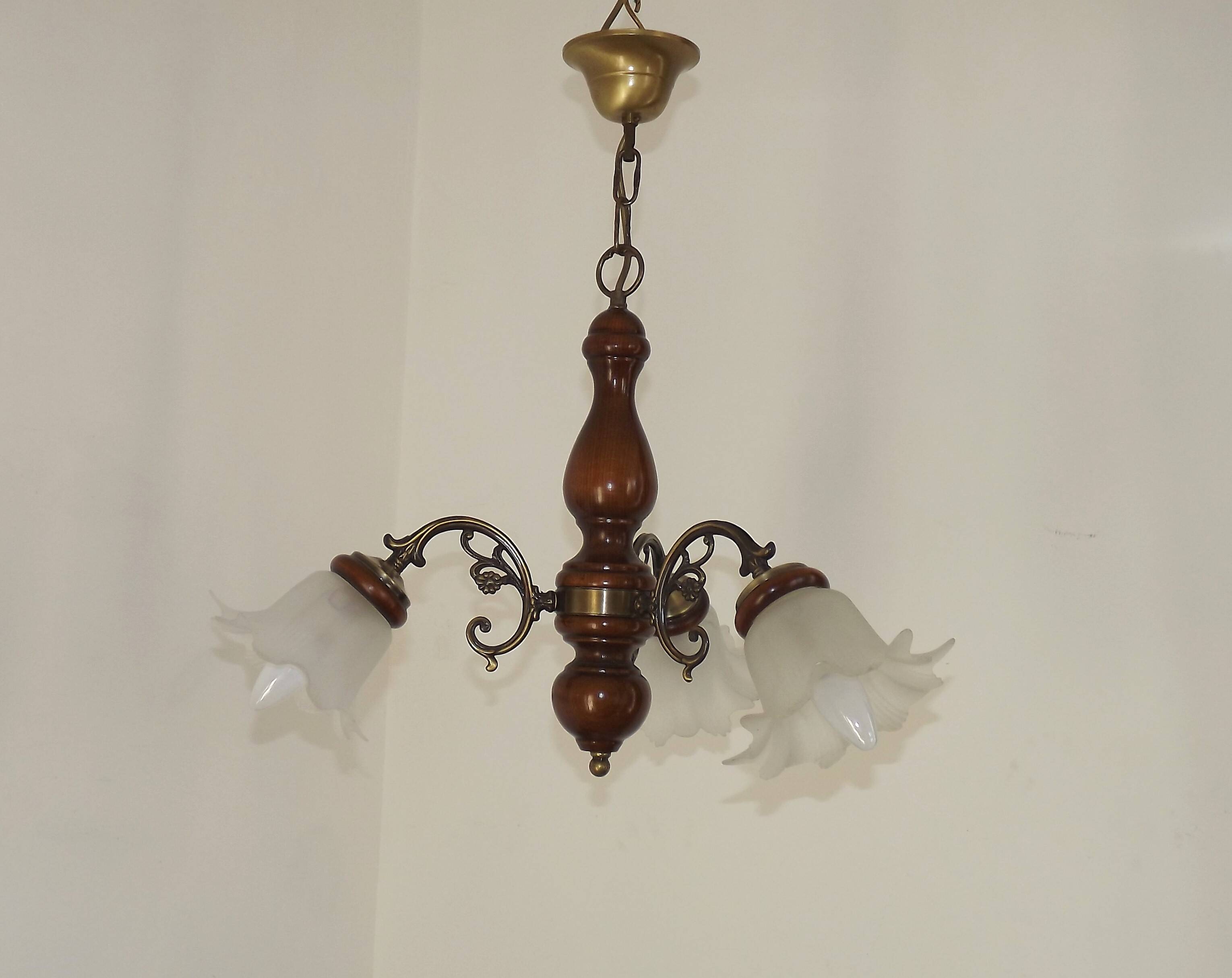 French Mid-Century 3-Light Wood and Bronzed Metal Chandelier with Glass Shades