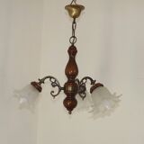 French Mid-Century 3-Light Wood and Bronzed Metal Chandelier with Glass Shades