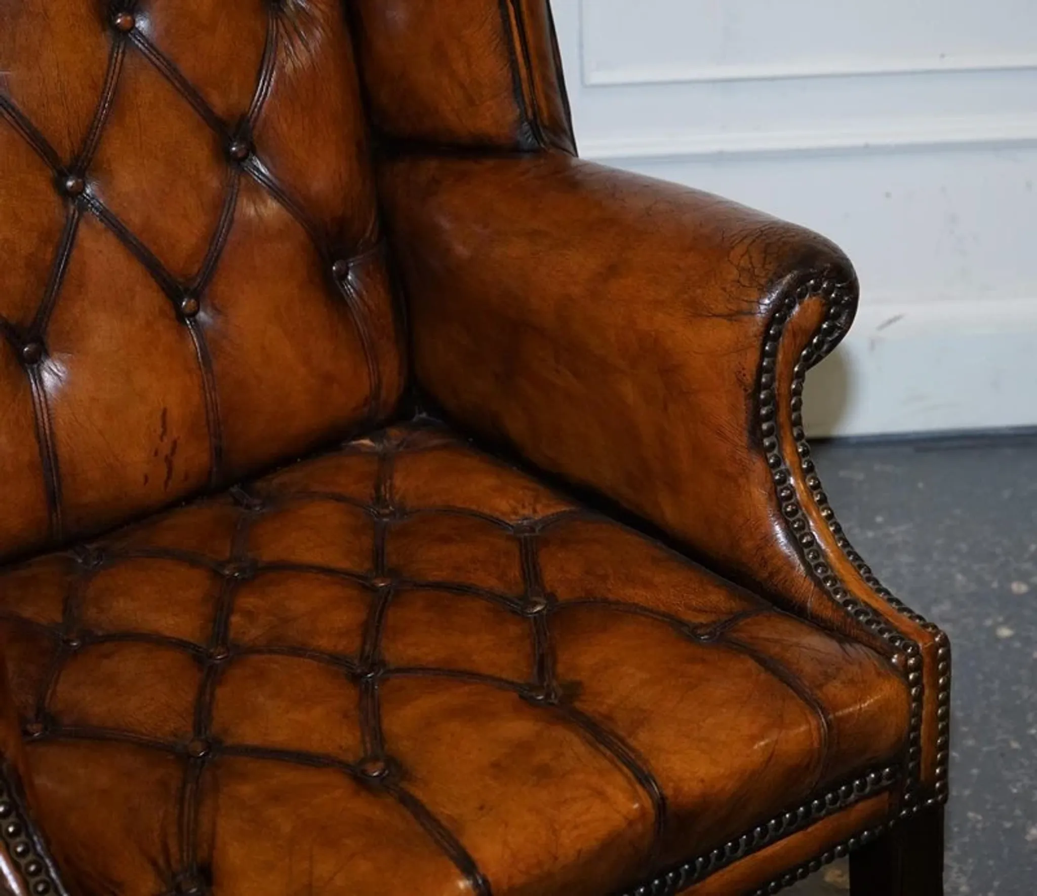 Chesterfield Wingback Armchair Set in Hand-Dyed Brown Leather, 1960s