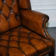 Chesterfield Wingback Armchair Set in Hand-Dyed Brown Leather, 1960s