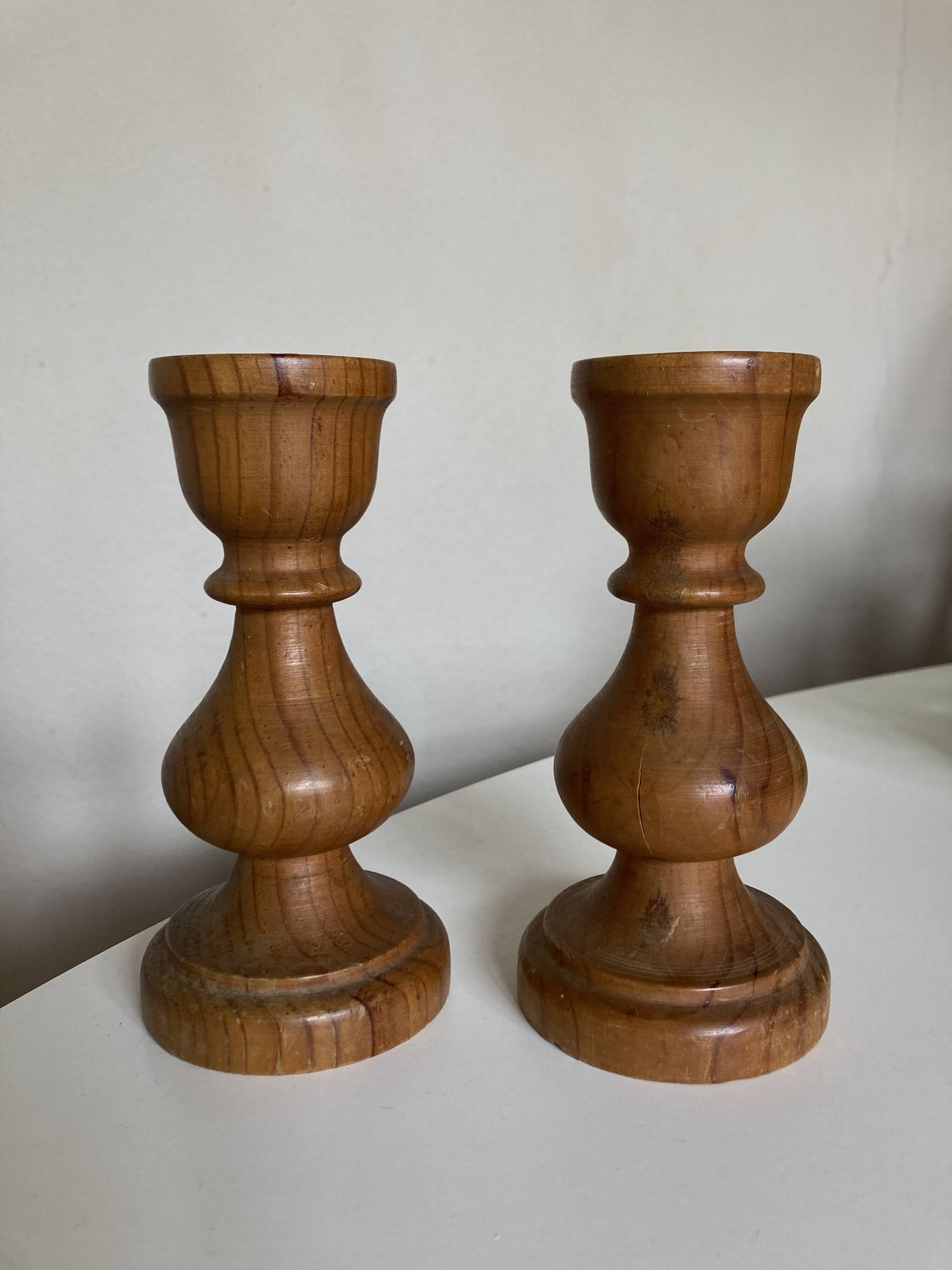Pair of turned wooden baluster candlesticks, Scandinavian 1970s.
