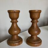 Pair of Scandinavian turned wooden baluster candlesticks 1970