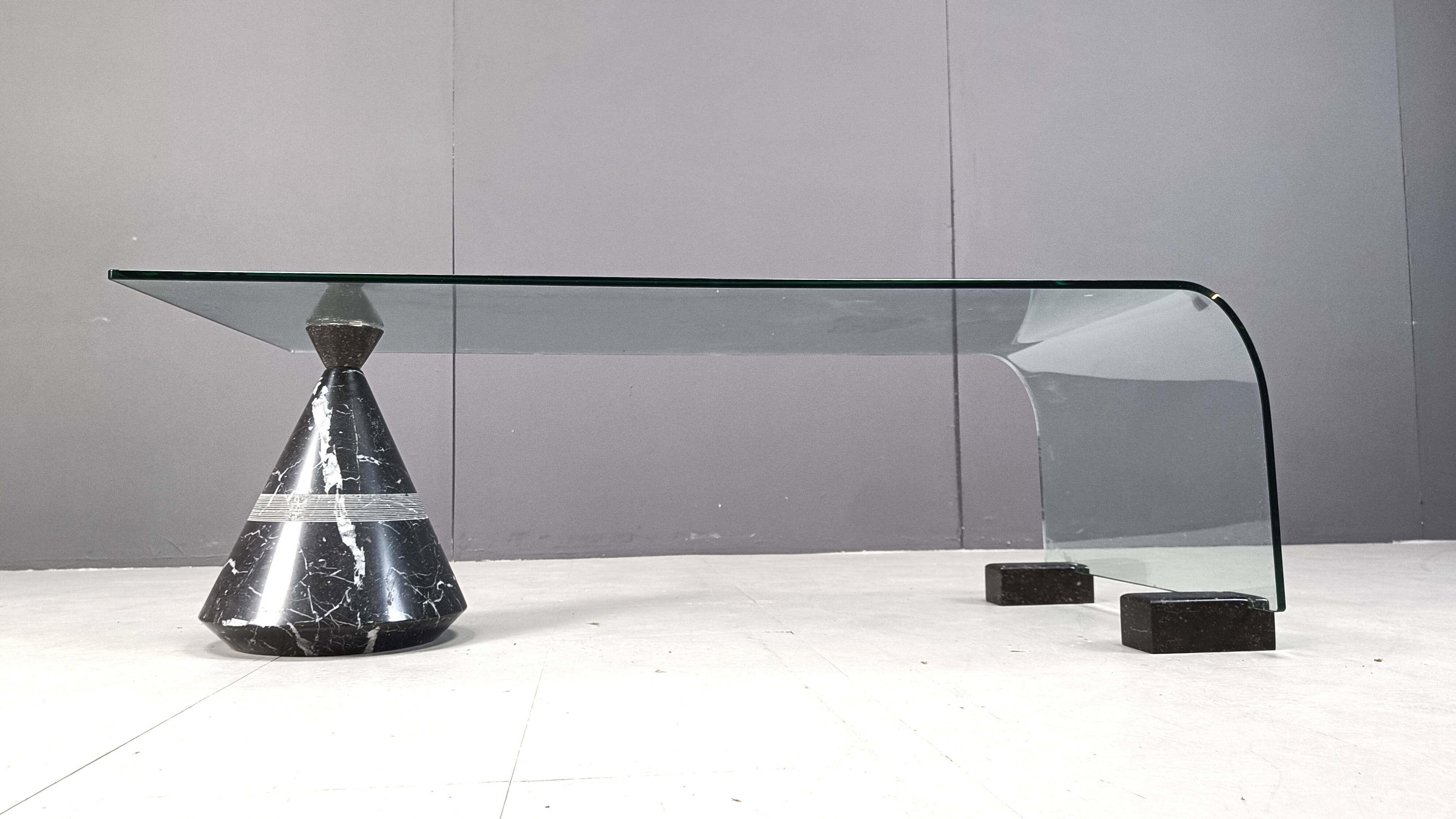 Postmodern black marble and glass coffee table, 1980s