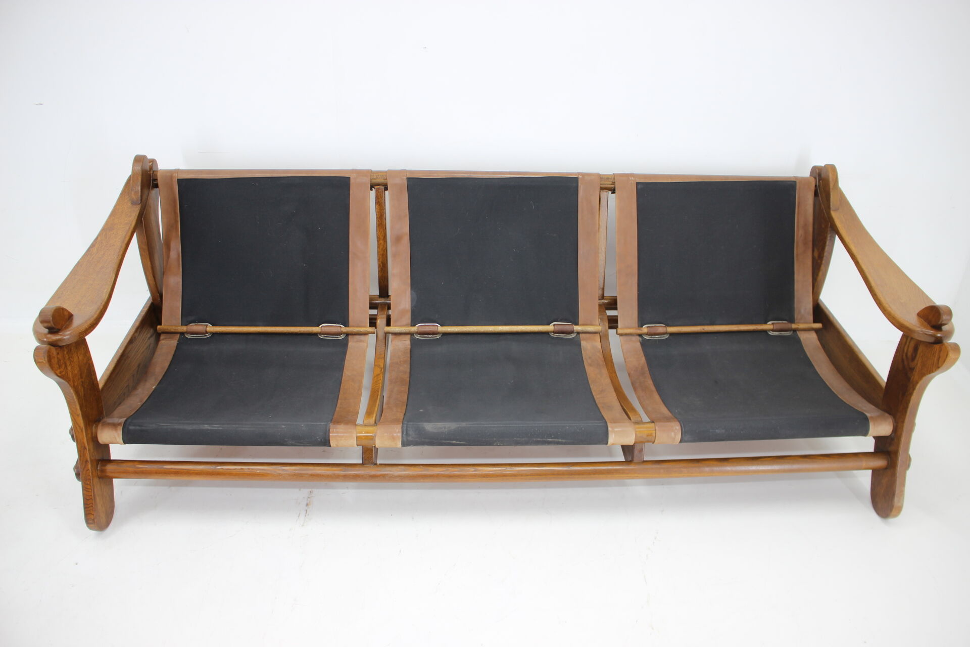 1970s Brutalist Dutch Oak and Leather 3 Seater Sofa