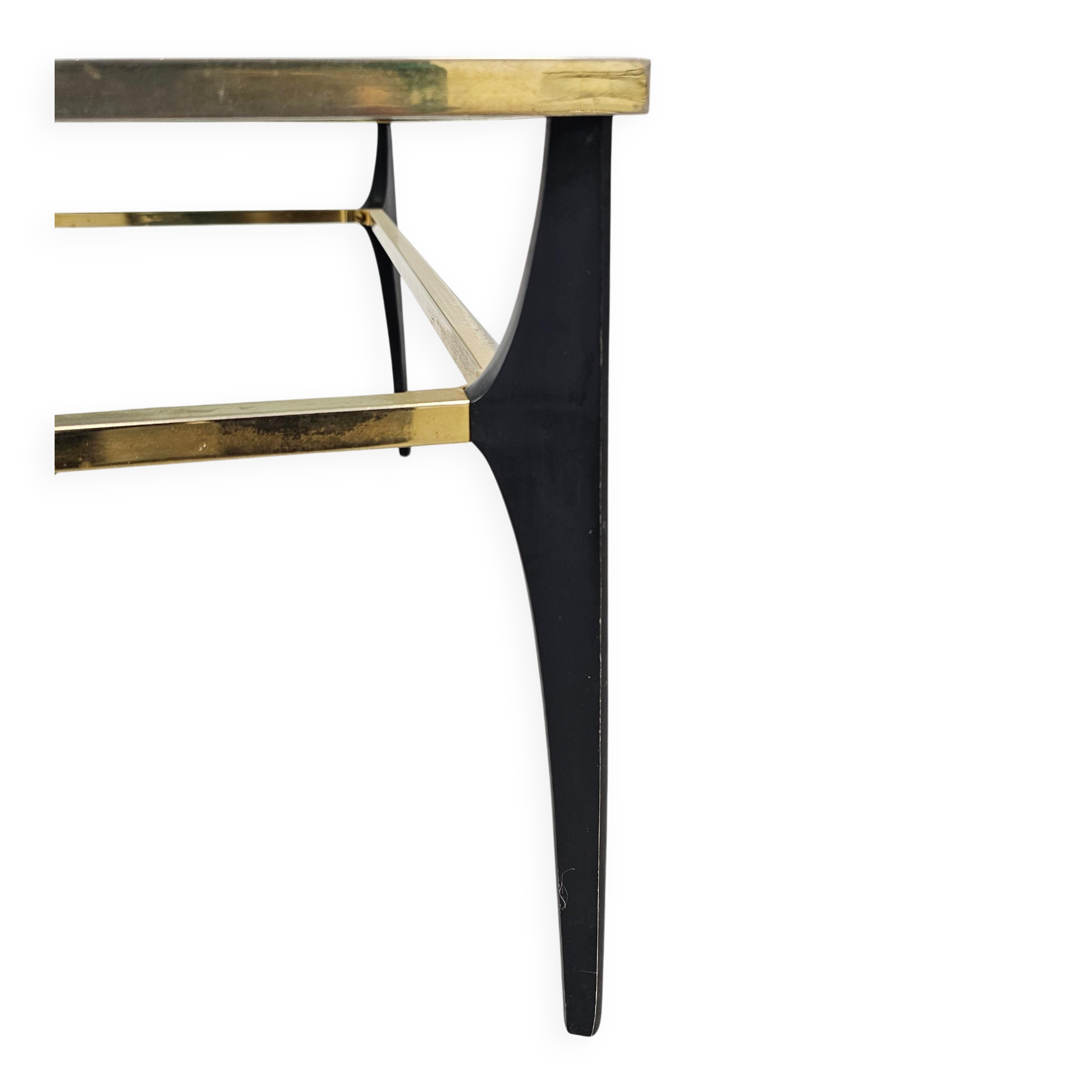 Mid Century Modern coffee table with gold-plated metal and smoked glass.