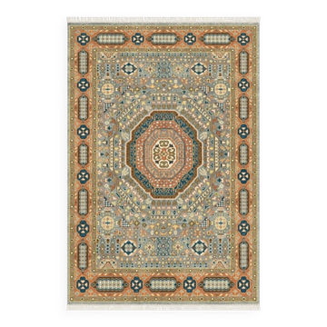 Tapis en laine noué à la main avec un design de médaillon géométrique. Tapis de salon fait main.