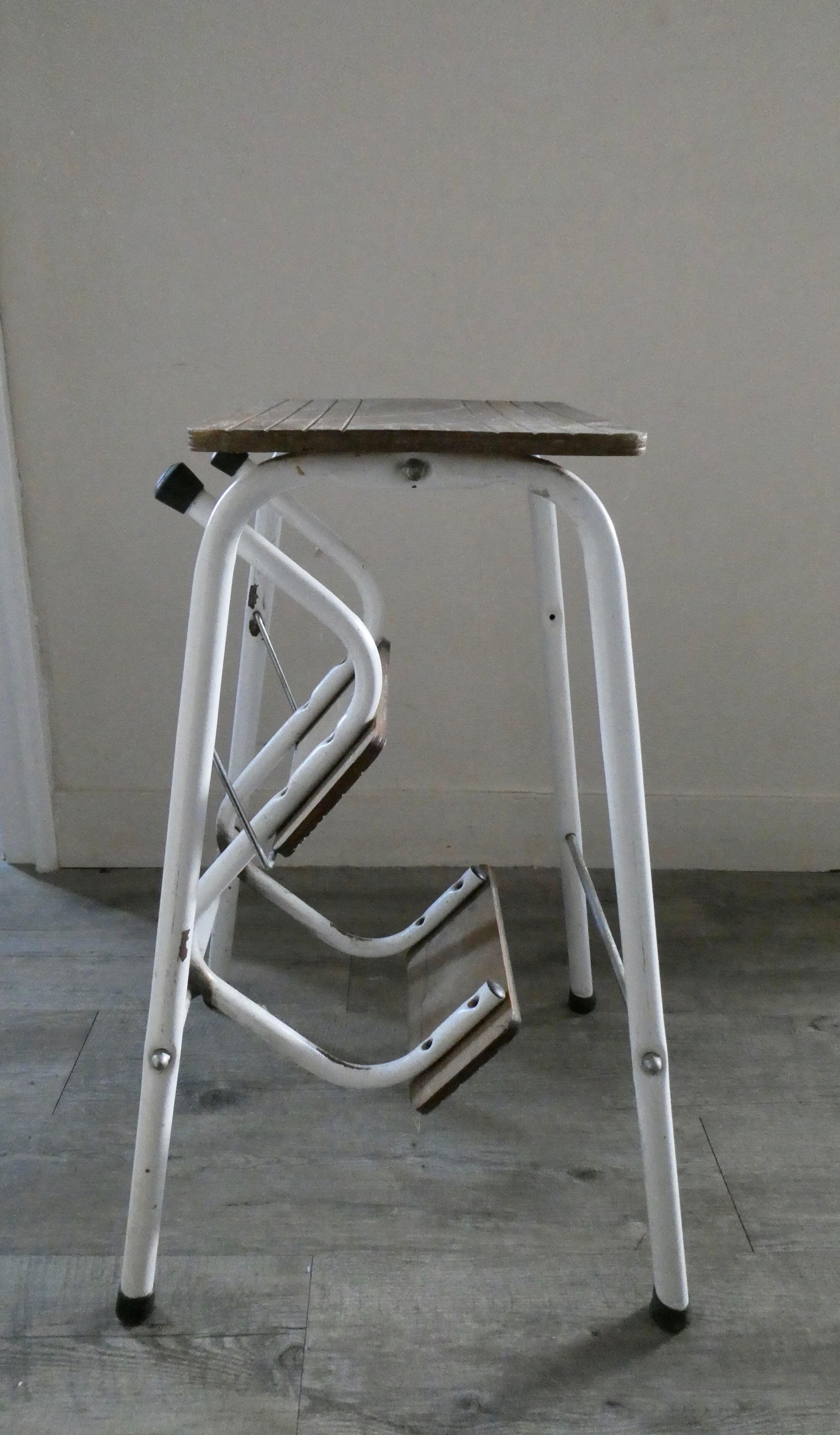Stool step stool with 3 steps in wood and metal, 1960s