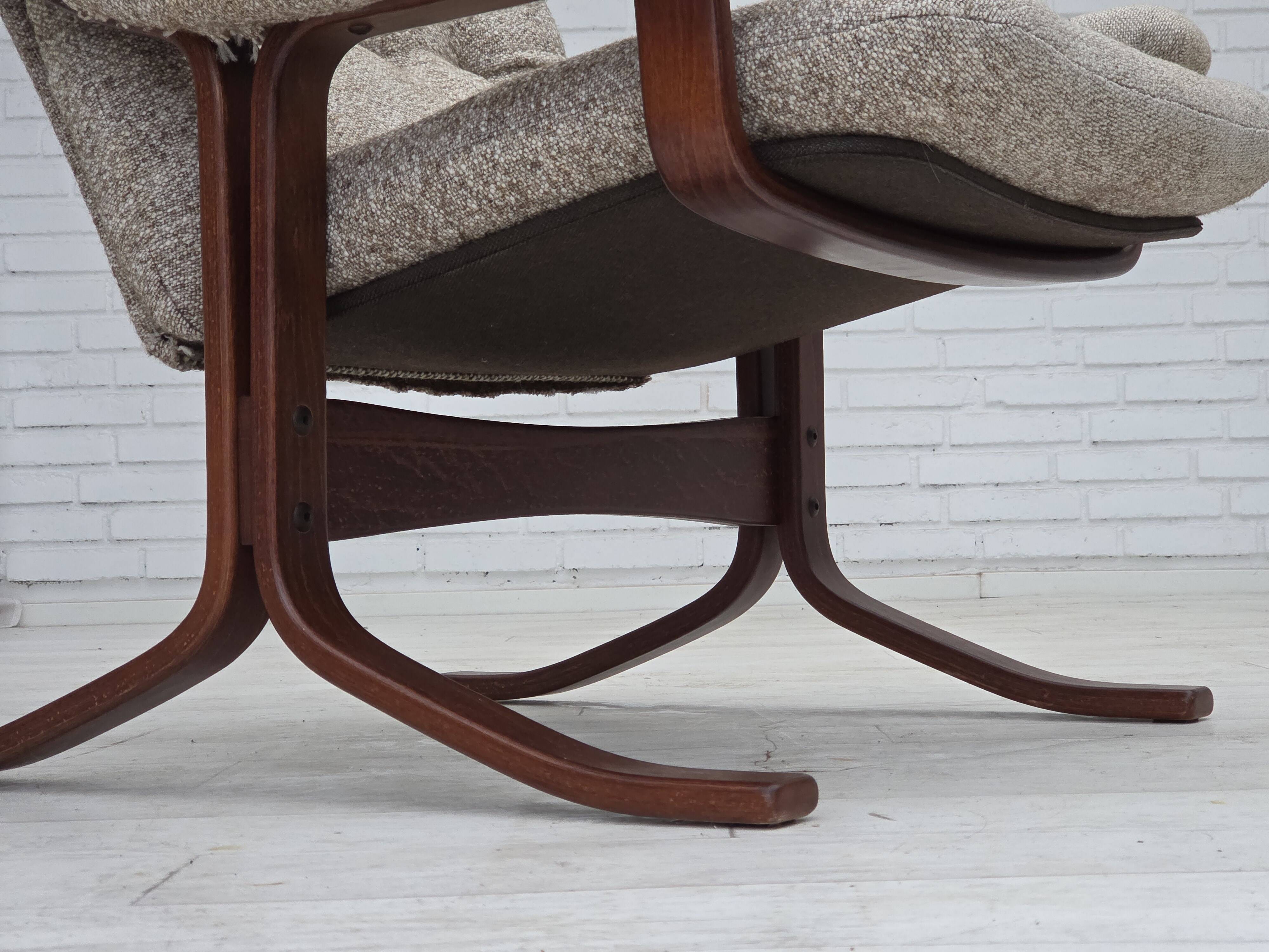 1970s, Norwegian design armchair, blend wool fabric, bent wood.