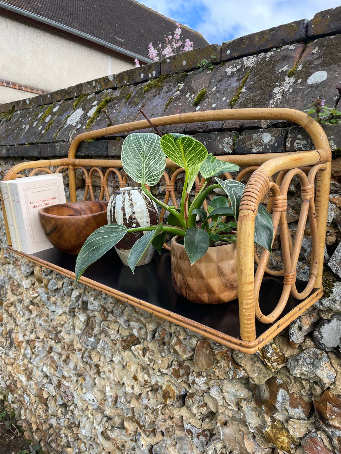 Pair of vintage light rattan wall shelves 1960