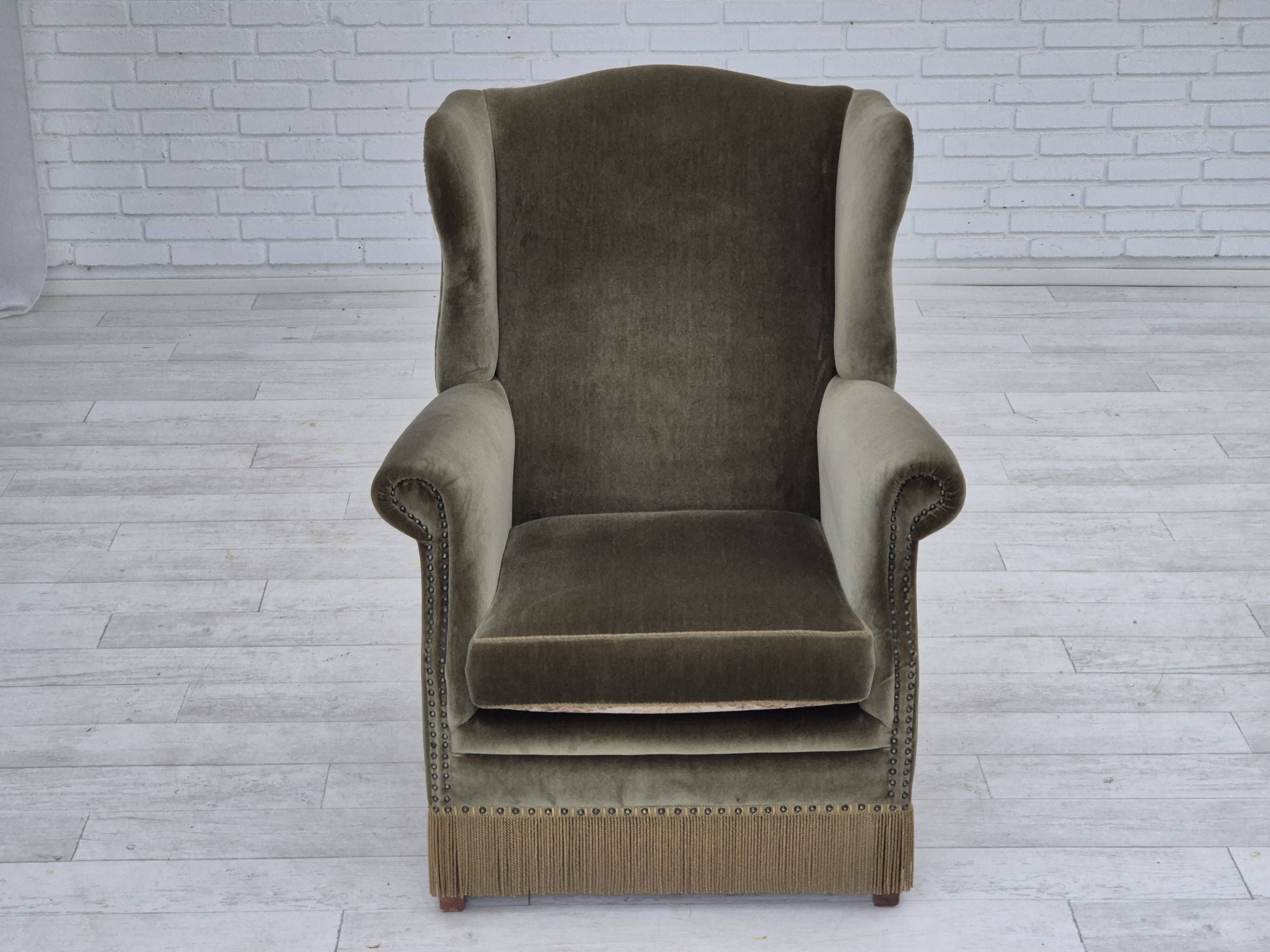 1970s, Danish highback armchair, original condition, furniture velour, double sided seat cushion.