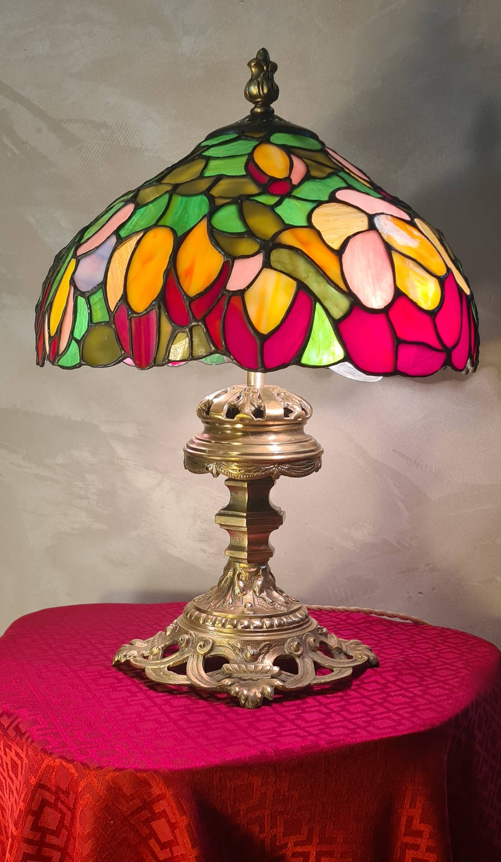 antique bronze lamp and stained glass shade