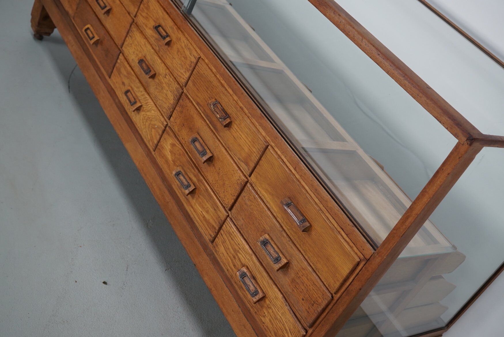 Antique British oak haberdashery cabinet, 1930s