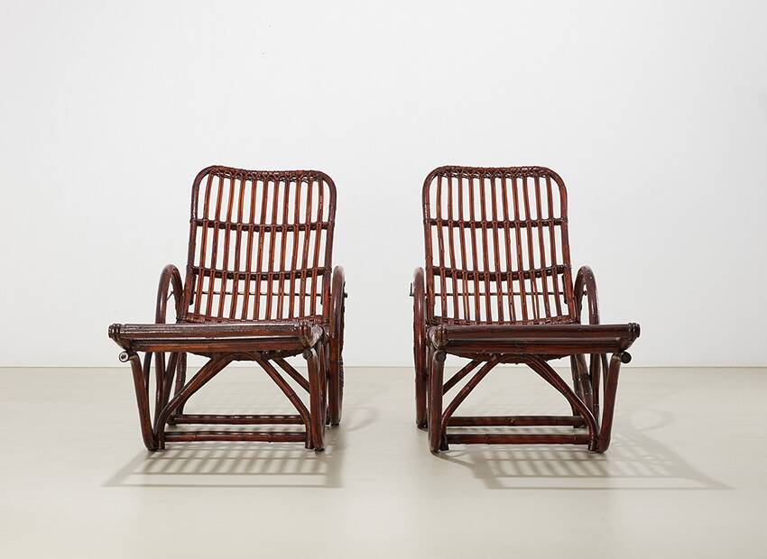 Pair of Bamboo and Rattan Chaise Lounges Germany 1950s