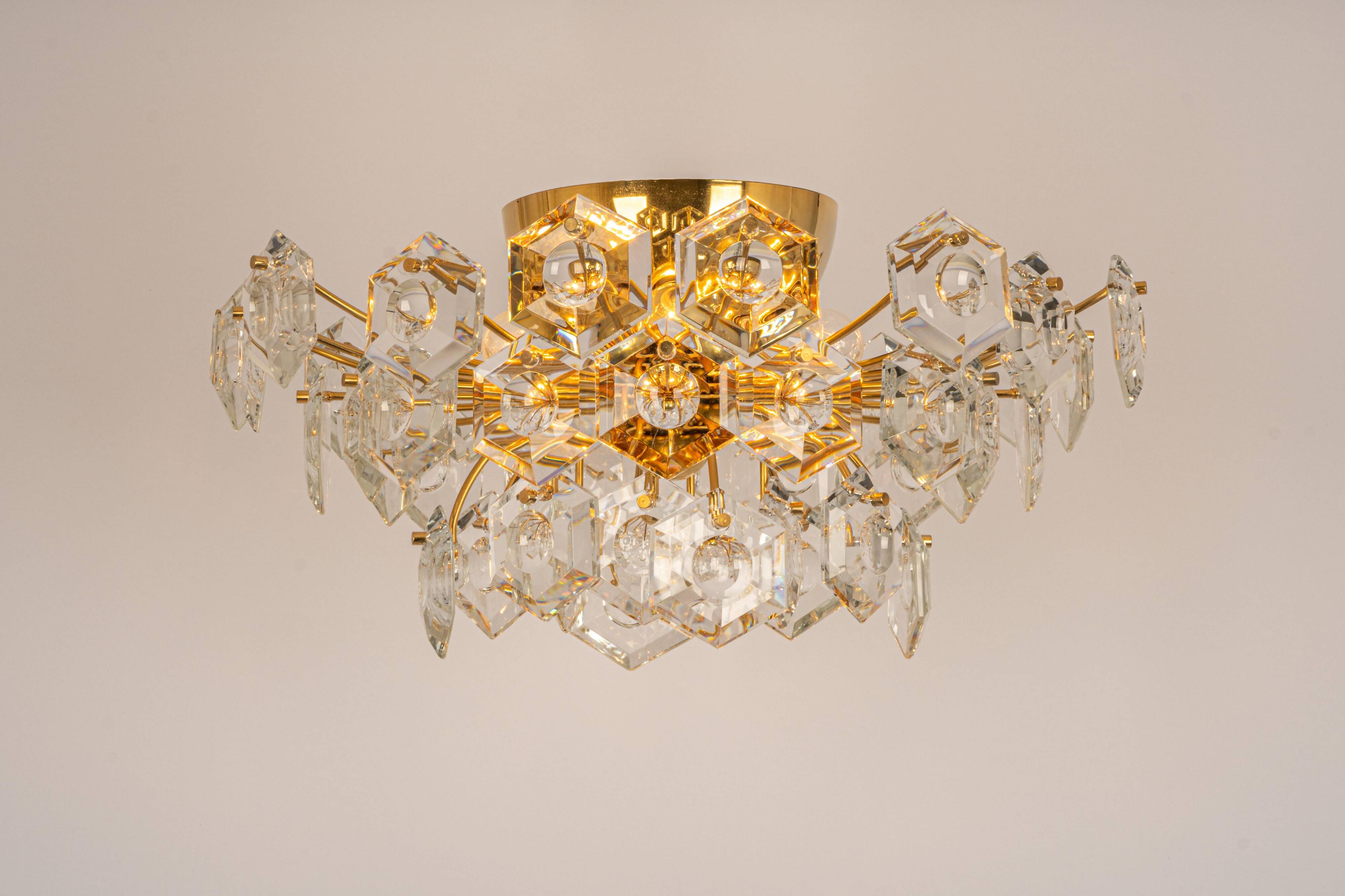 Ceiling light, brass and crystal glass by Kinkeldey, Germany, 1970s.