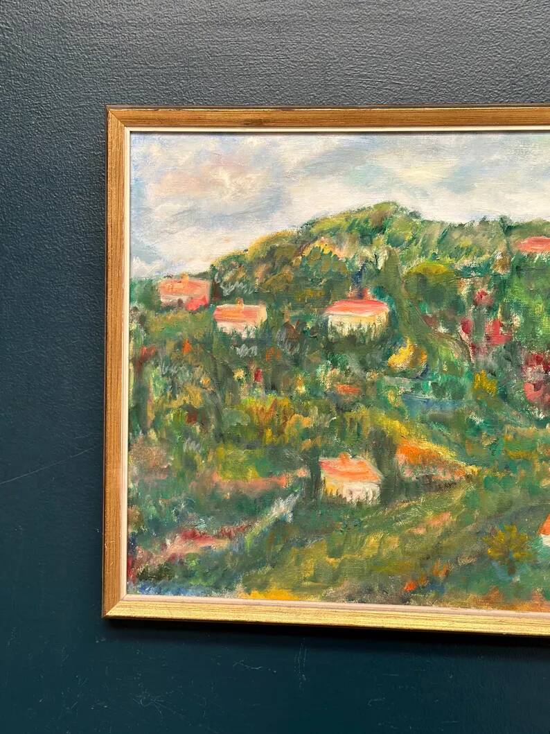 Original Swedish Oil on Canvas – “Hilly Landscape with Houses” by Lalla Blecher – Signed – Vintage & Framed