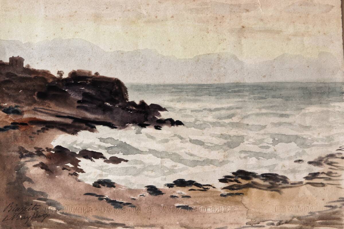 Early 20th century watercolor, beach in Biarritz, signed