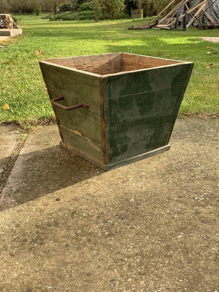 Large vintage 1940s forest green pine box, rustic utilitarian style.