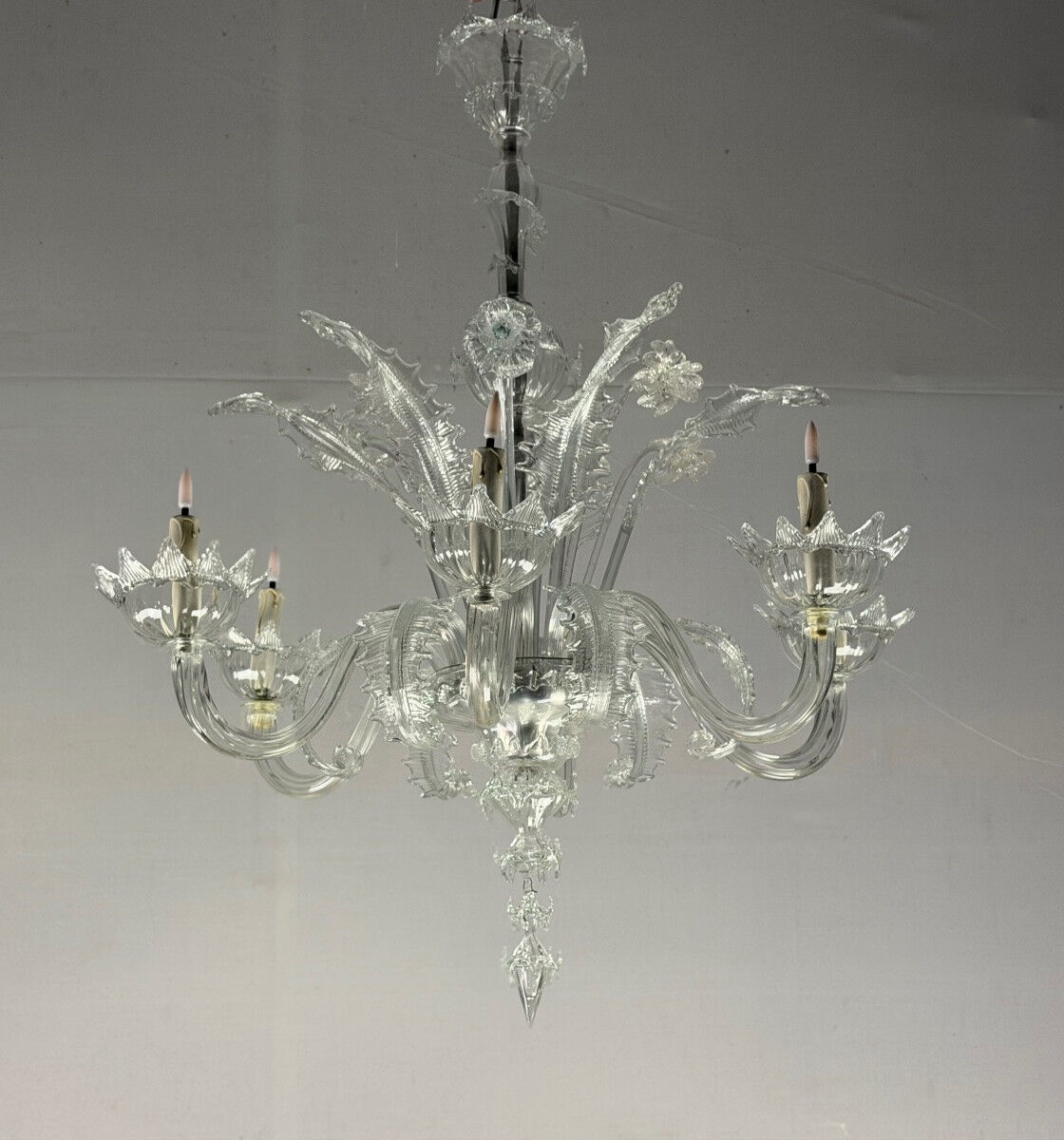 Venetian chandelier in colorless Murano glass with 6 light arms, circa 1930