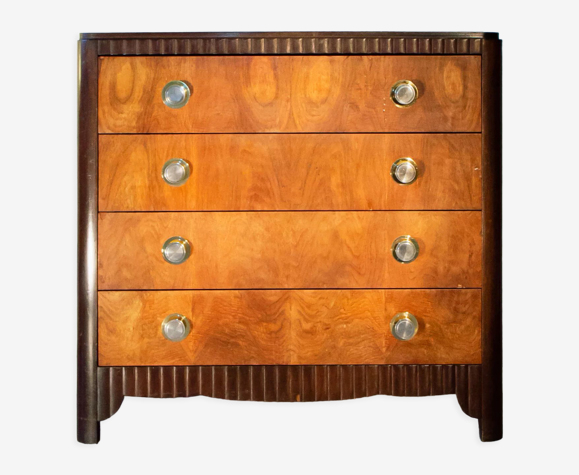 Art Deco period chest of drawers, walnut and brass