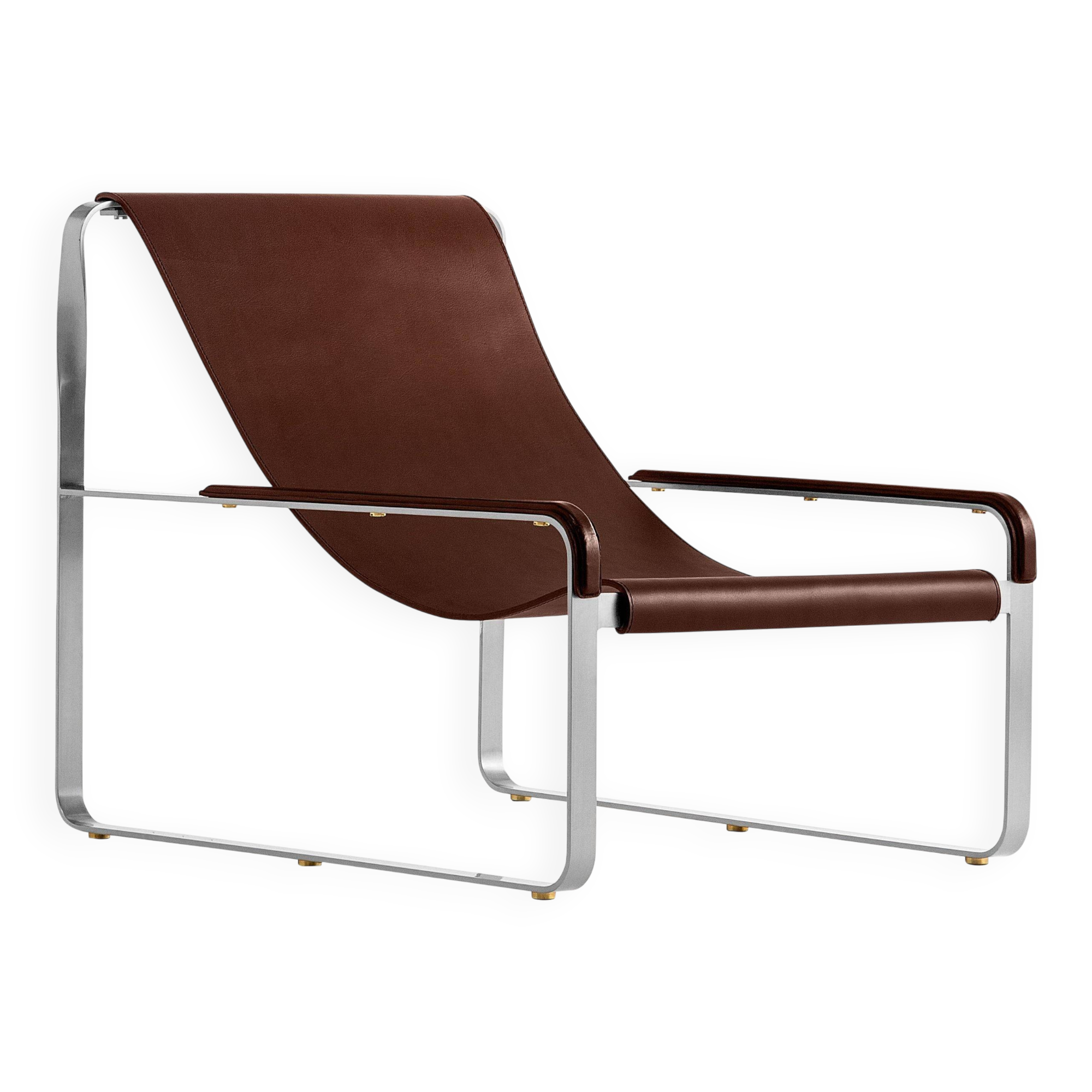 Fauteuil contemporain faie à la main en acier argenté et cuir marron