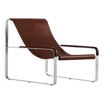 Contemporary handmade chaise longue in silver steel and dark brown leather.