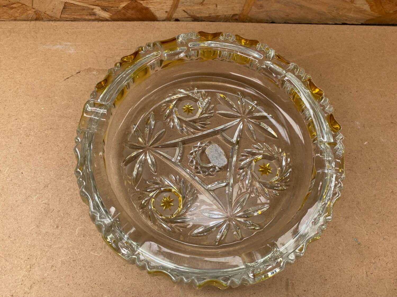 Antique Vintage Clear & Yellow Glass Ashtray