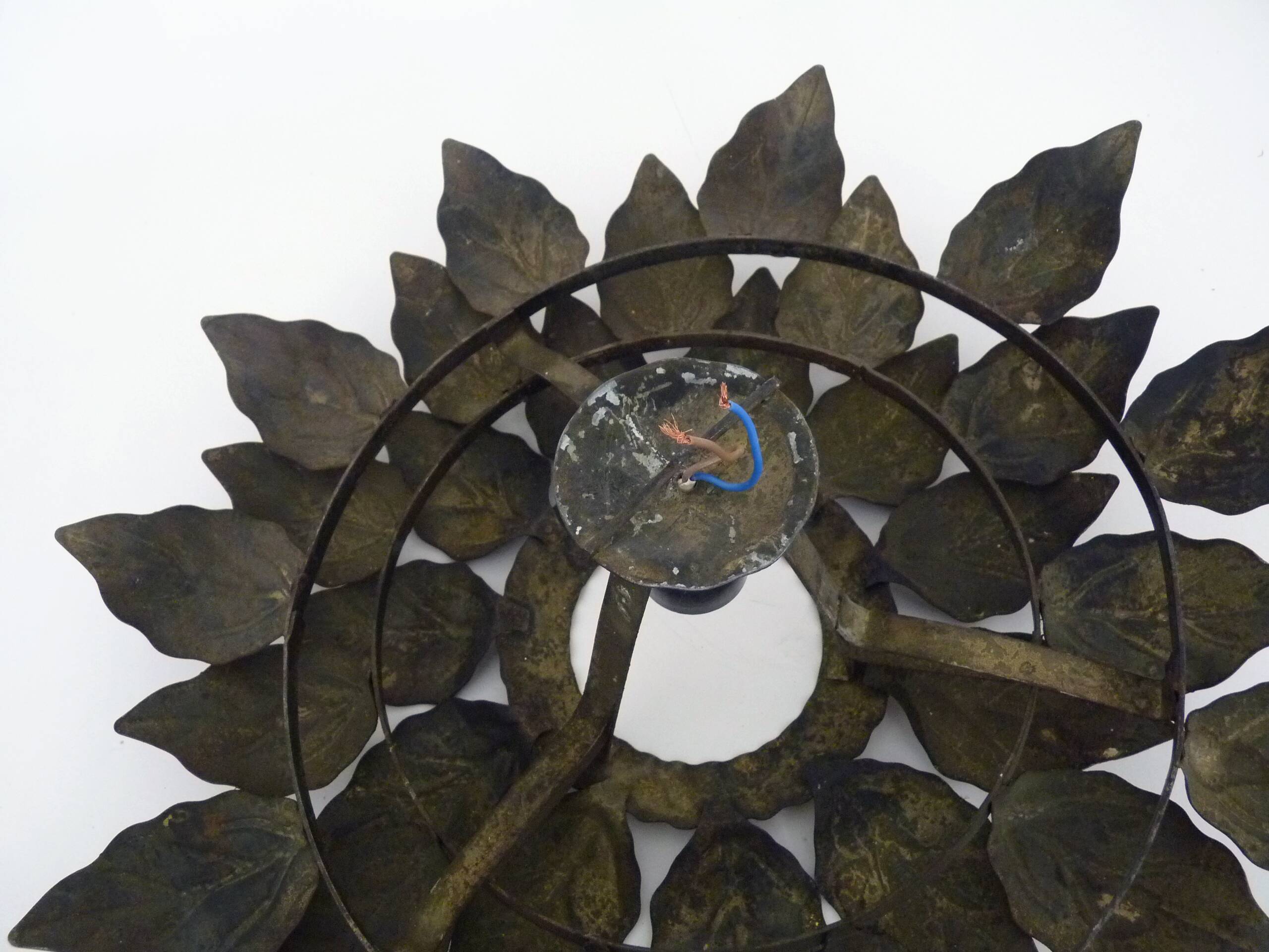 Sun ceiling light, foliage ceiling light in gold metal, vintage ceiling light. 70s