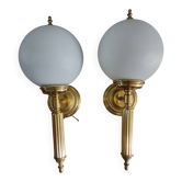 Pair of Art Deco style wall lights in brass and milk glass Sölken Leuch