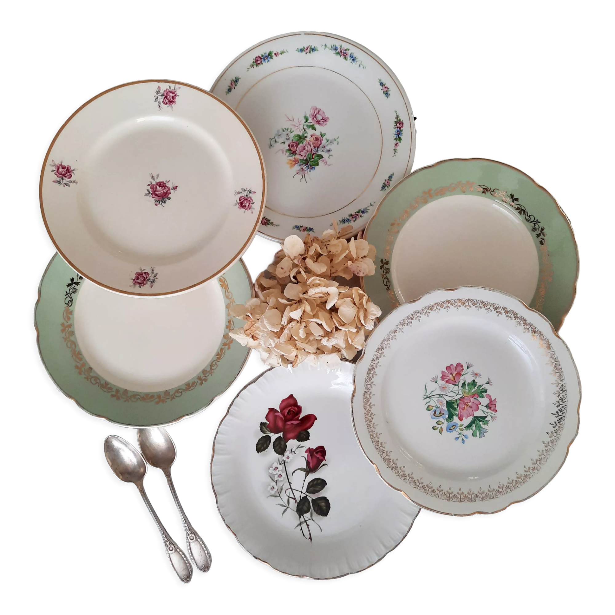 6 mismatched old dessert plates