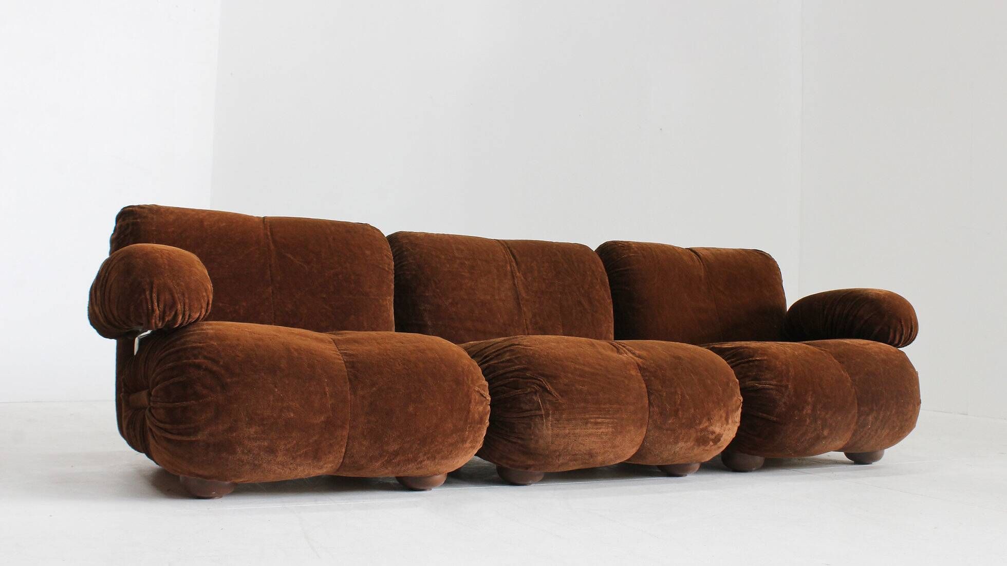 Vintage modular sofa brown velvet and chrome Italy 1970s