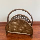 Magazine rack in curved wood, fabric and canework