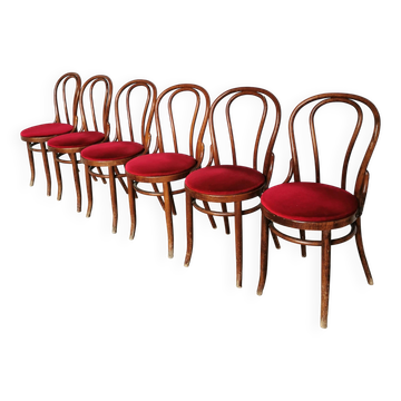 Set of 6 Vintage Bentwood Dining Chairs Set: 1970s , Red Uphols