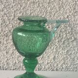 Candle holder, oil lamp in blown glass green glassware of vintage biot signed