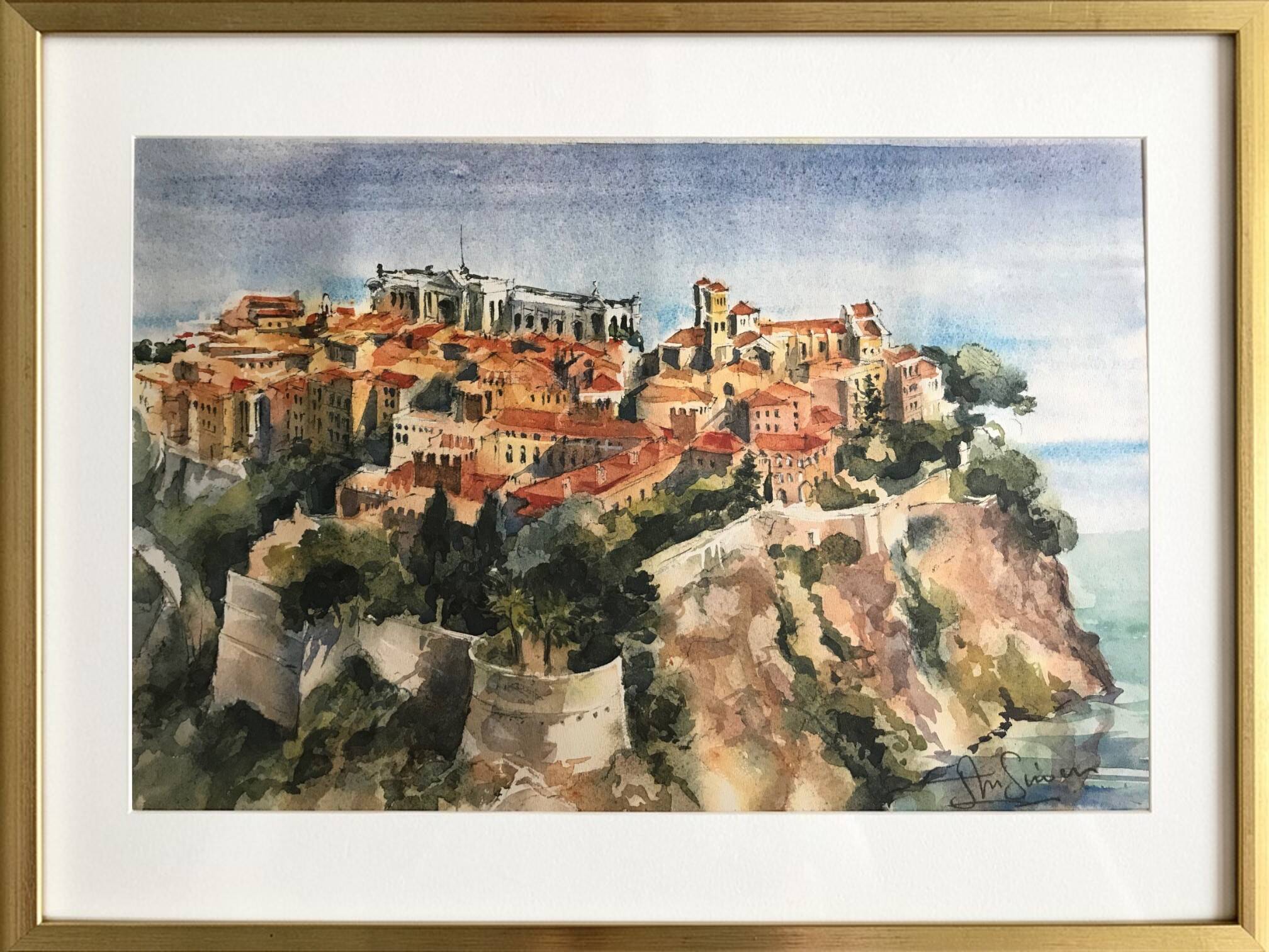 Lithograph Monaco the Palace signed Jean-Marie Simon 20th century