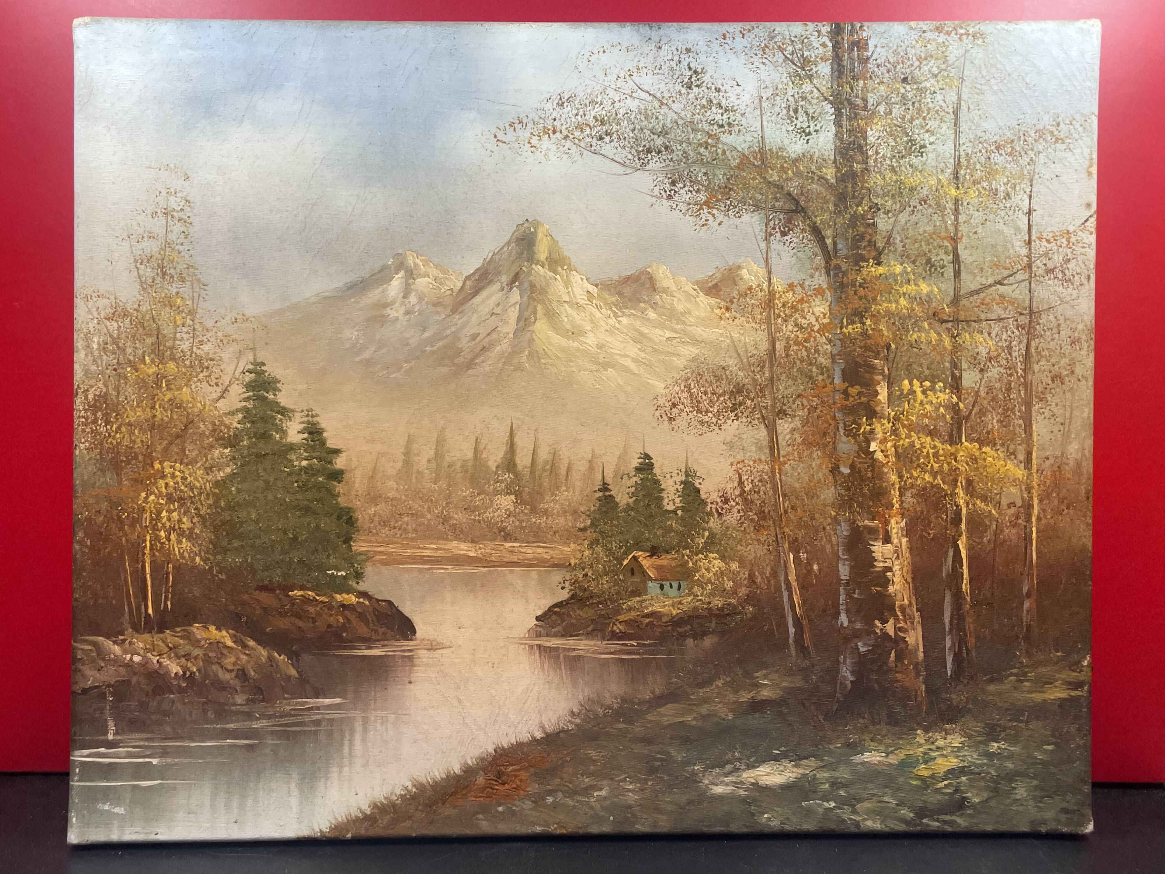 Oil on canvas, Refuge in the valley, lake landscape mountain lake