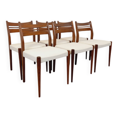 Suite de 6 chaises scandinaves vintage en teck et tissu bouclette des années 60