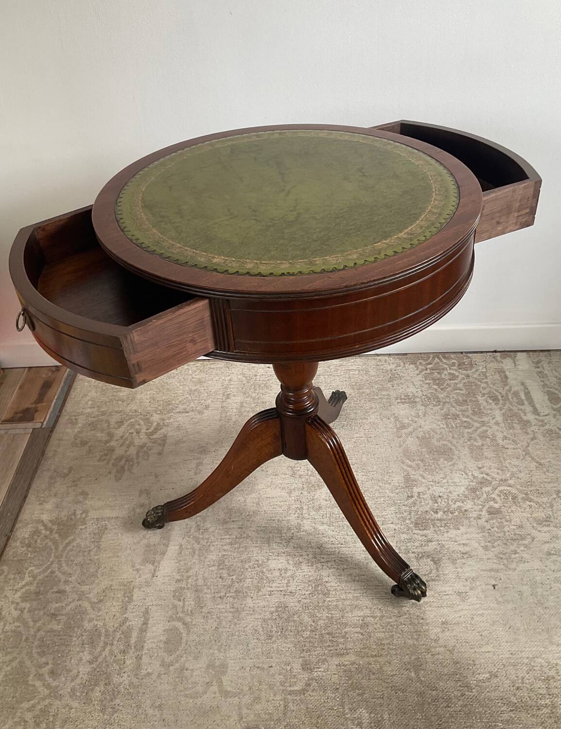 Antique Mahogany and Leather Side Table on Casters